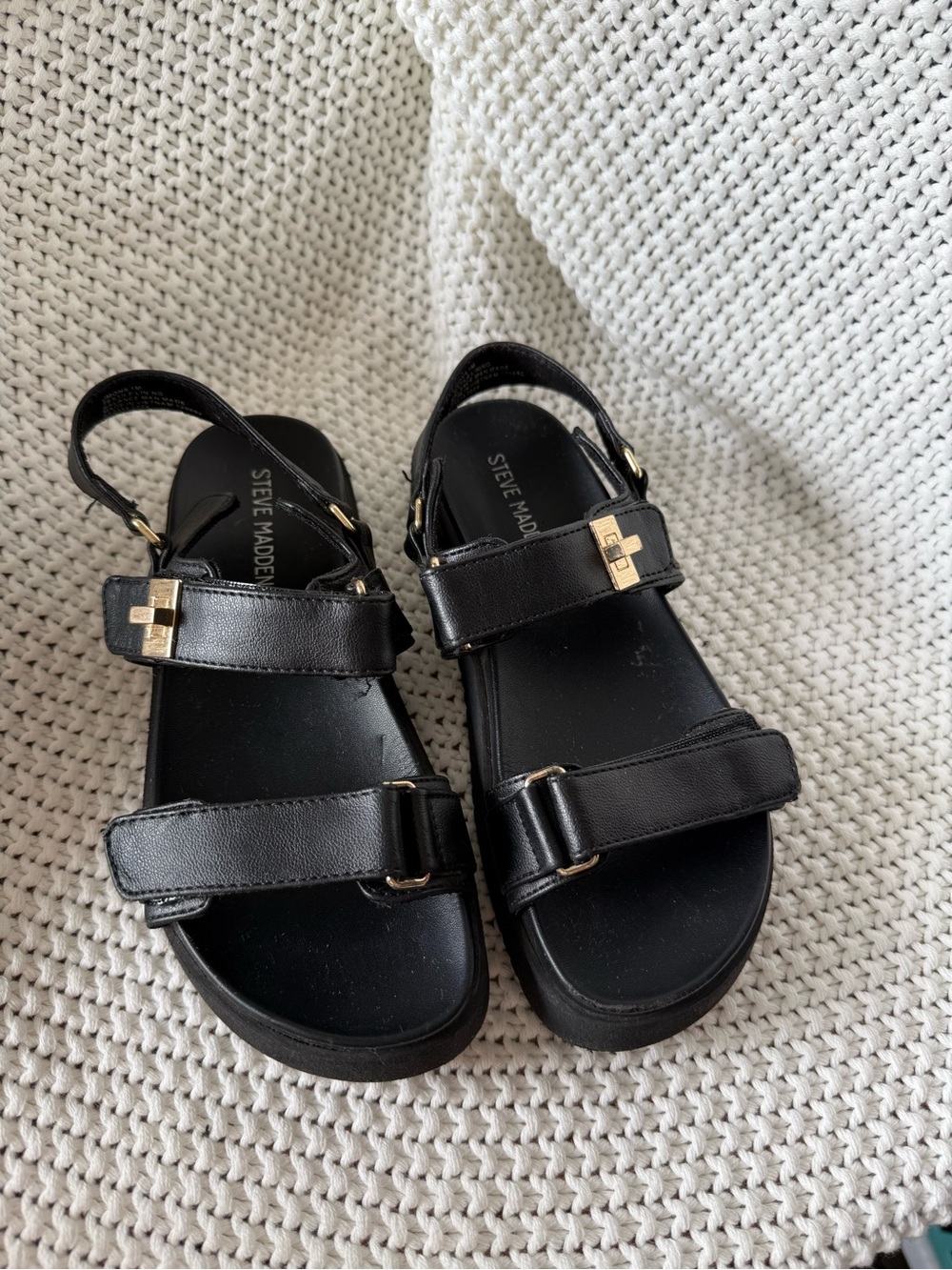 Steve Madden Black Leather Dual-Strap Sandals with Gold Accents